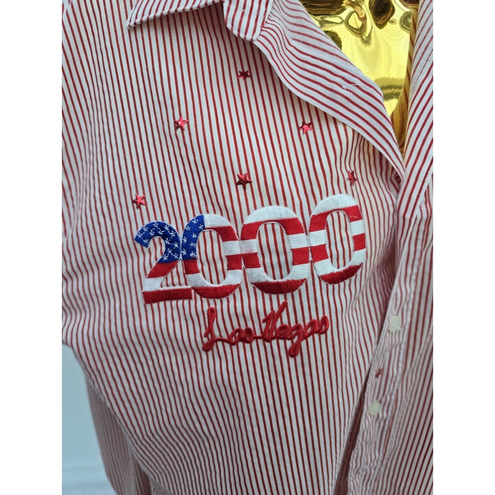 Y2K Get Lucky Patriotic American Flag Patches Button up Shirt Medium Red Stripes - Picture 3 of 6